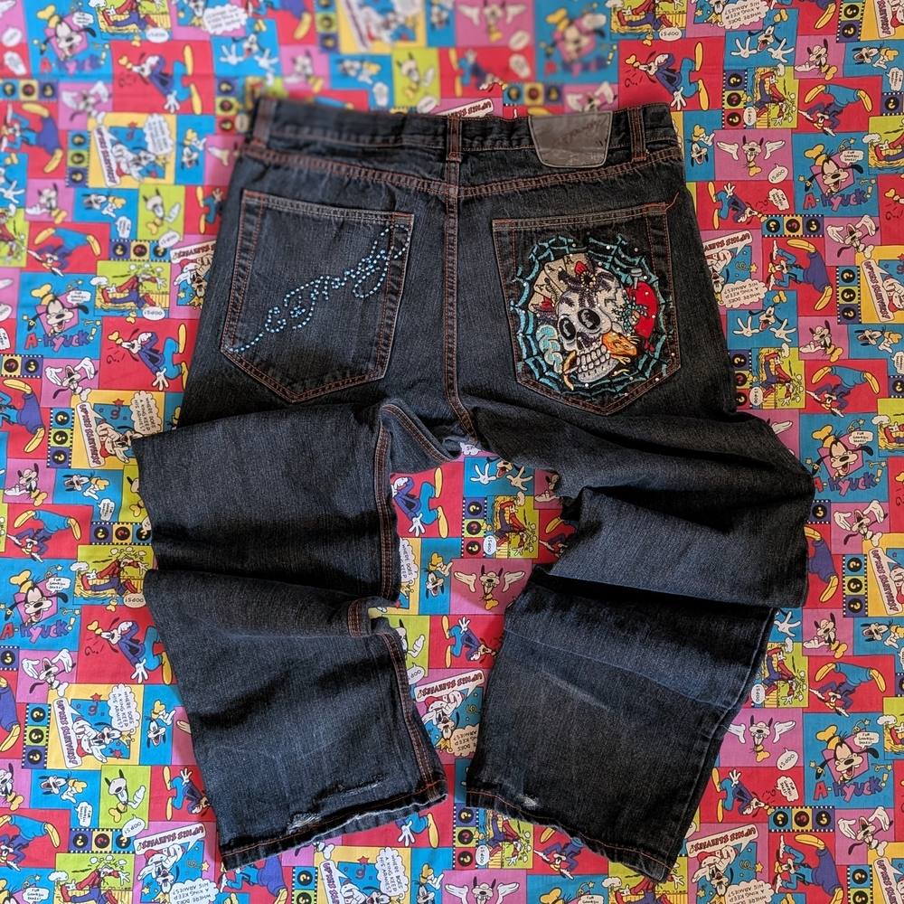 Y2K Ed Hardy skull and crossbones jeans with rhinestone embellishments